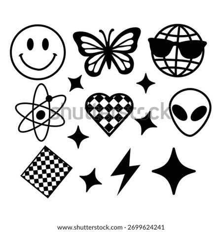 A collection of bold, black vector icons featuring playful and trendy symbols. The set includes a smiley face, butterfly, globe with sunglasses, alien head, atomic model, lightning bolt, checkerboard-