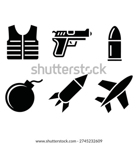 A collection of bold black vector icons representing military equipment, combat gear, and weaponry such as guns, bullets, vests, bombs, rockets, and aircraft.