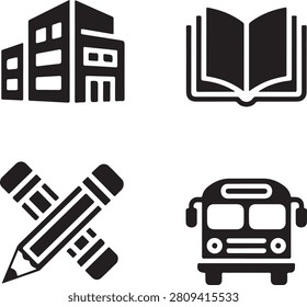 A collection of bold black and white education themed icons including a school, book, pencils, and bus, ideal for learning resources or academic presentations.