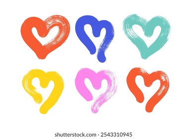 Collection of bold brush drawn colorful hearts. Creative vector romantic elements collection. Valentine's day isolated elements. Abstract love heart shapes. Vector thick brush strokes.