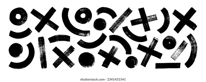 Collection bold brush drawn geometric shapes like circles or dots, crosses and arches. Hand drawn isolated arches, x and dots with rough edges. Vector grunge geometric bold shapes.