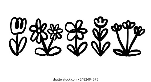 Colección de pincel audaz dibujado de flores naive. Vector dibujado a mano ilustración de línea negra.