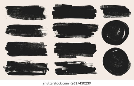 Collection of bold brush strokes. Sketchy bold vintage lines. Set of ink brush strokes and frames. Grunge marker highlight underline vector paint. Hand drawn thick grunge lines and rectangle shapes.