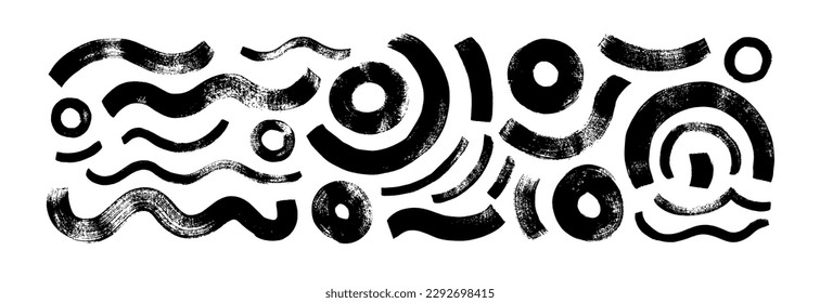 Collection bold circular shapes and wavy lines. Brush drawn vector grunge curved strokes. Trendy vector design with basic geometric shapes. Grunge abstract figures, circles and waves.