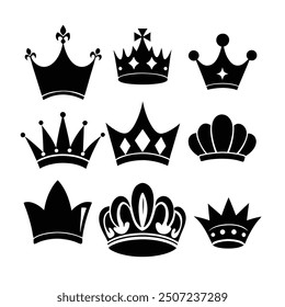Collection of bold crown vector illustrations, ideal for fashion, logos, branding, and decorative designs.