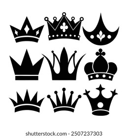 Collection of bold crown vector illustrations, ideal for fashion, logos, branding, and decorative designs.