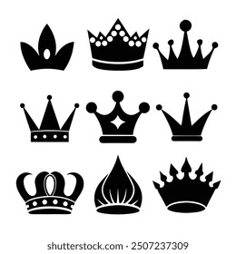 Collection of bold crown vector illustrations, ideal for fashion, logos, branding, and decorative designs.