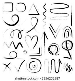 Collection bold curved lines with loops isolated on white. Hand drawn ink grunge wavy and geometric brush strokes. Simple childish vector scribbles and squiggles. Creative trendy style design. Vector 