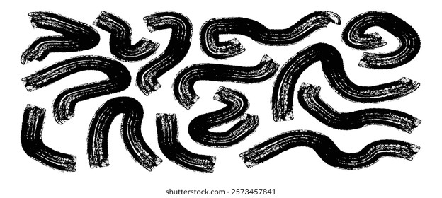 Collection bold curved lines with loops isolated on white. Hand drawn bold grunge wavy and swirled brush strokes. Vector illustration.