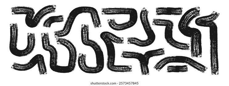 Collection bold curved lines with loops isolated on white. Hand drawn bold grunge wavy and swirled brush strokes. Vector illustration.