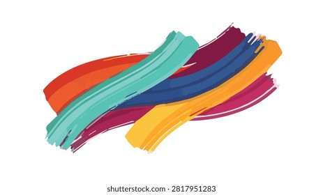 A collection of bold and expressive paint strokes in various colors, including red, orange, teal, blue, yellow, and magenta, overlapping to form an energetic and modern abstract design.