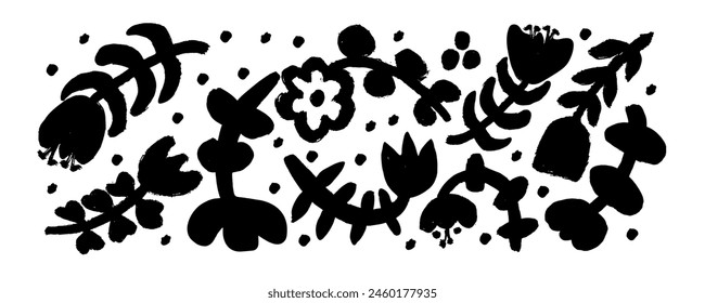 Collection bold flowers in naive style . Brush drawn silhouettes plants. Abstract black vector blossoms. Bold curved stems with leaves and buds. Elegant naive spring floral design.
