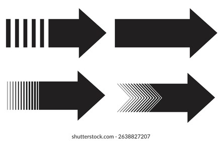 A collection of bold geometric arrow icons with a mix of striped and solid designs, perfect for modern digital navigation and visual direction