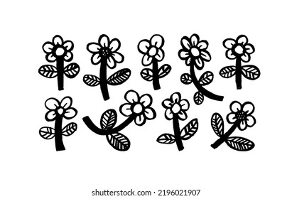 Collection of bold hand-drawn chamomiles. Black botanical elements with charcoal or pencil texture. Naive style of wild flowers. Chamomile and daisy simple elements. Thick stems and childish blossoms.