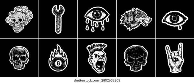 A collection of bold, hand-drawn graphic icons representing gothic and punk subcultures.