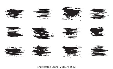 Sammlung von fetten horizontalen Linien für Grunge-Design, Satz von schwarzen Tintenstrichen, Satz von gezeichneten isolierten Pinselstrichen, Striche, dünne und dicke Linien, Grunge-Pinsel Textur Banner