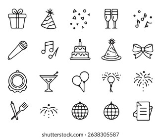 Collection of bold line party icons in a silhouette style, perfect for celebrations.