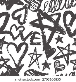 A collection of bold marker strokes creates a grunge texture with various heart and star shapes. This artistic arrangement features diverse patterns and styles perfect for creative projects.