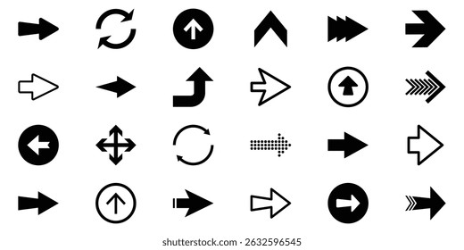 A collection of bold vector arrow symbols in black and white. Stylized arrow icons with diverse shapes and effects for enhancing user experience in apps, websites, and presentations.