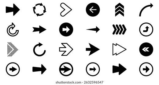 A collection of bold vector arrow symbols in black and white. Stylized arrow icons with diverse shapes and effects for enhancing user experience in apps, websites, and presentations.