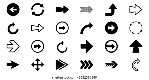 A collection of bold vector arrow symbols in black and white. Stylized arrow icons with diverse shapes and effects for enhancing user experience in apps, websites, and presentations.