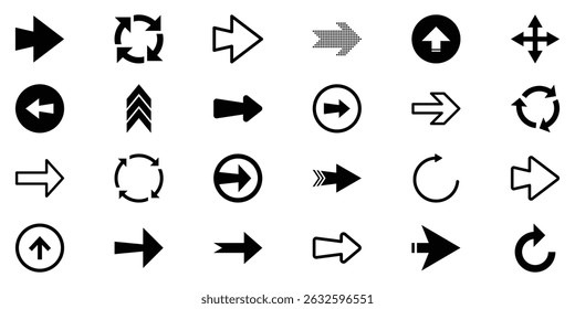 A collection of bold vector arrow symbols in black and white. Stylized arrow icons with diverse shapes and effects for enhancing user experience in apps, websites, and presentations.