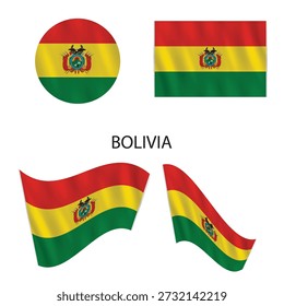 Collection of Bolivian flags in various styles and shapes on a neutral background viewed from directly above