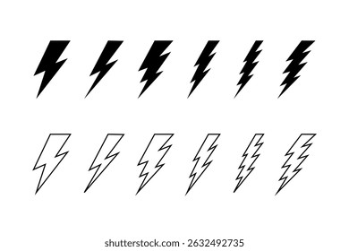 Collection of bolt icons. Thunderbolt silhouettes isolated on white background. Flash light, energy, power or electricity symbols. Blitz, glow, burst or dazzle signs. Vector graphic illustration.