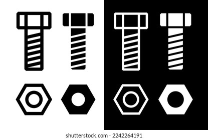 A collection of bolt and nut icons. A symbol of fasteners, construction, repair shop or design bureau. A part used in industry, electronics or furniture.