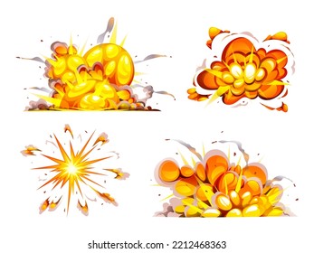 Collection of bomb explosion with smoke, flame and particles isolated cartoon illustration