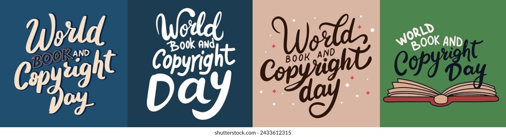 Colección de banners de texto del Día del Libro y del Derecho de Autor en conjunto de composición cuadrada de color. Dibujado a mano arte vector.