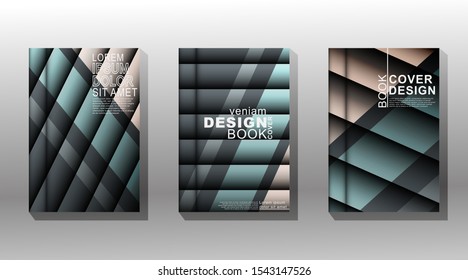 collection of book covers, brochures, etc. Geometric shapes overlap with a combination of black, white, blue and gray gradients