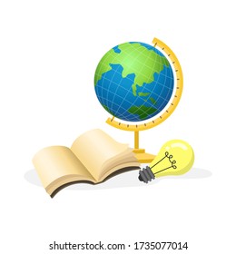 Colección de globo de libros y bombilla, concepto educativo, gradientes gráficos aislados en fondo blanco.