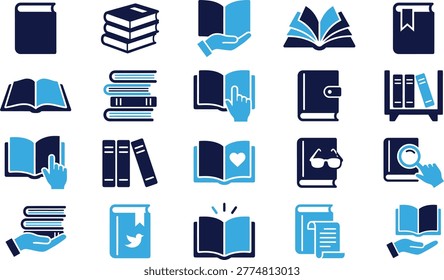Collection of book icons open and closed stacks reading hand pointing magnifying glass and bookshelf for library education.
