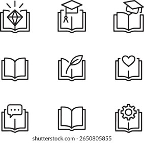 Coleção de Ícones de Livros Representando Conhecimento, Educação, Amor, Sabedoria e Comunicação, Simbolizando uma Biblioteca ou Centro de Aprendizagem Recursos