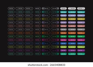 a collection of book now buttons in various colors and styles for website and application interfaces