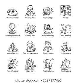 Collection of Book Reading Doodle Style Icons 

