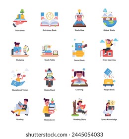 Collection of Book Reading Flat Icons 

