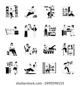 Collection of Book Reading Glyph Style Illustrations 

