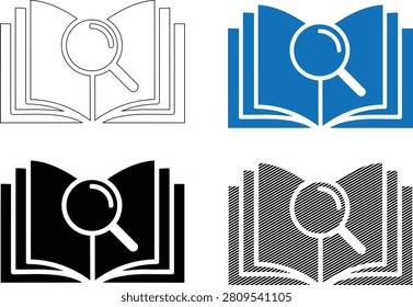 Collection of book search icons featuring magnifying glass glass symbol vector illustration. Includes outline silhouette blue and pattern styles for document research.