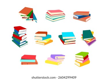 A collection of book stack illustrations, showcasing various arrangements of books. For library posters, educational materials, reading campaigns, and literary-themed designs