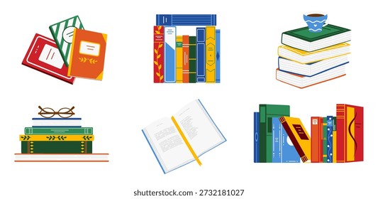Collection of book stacks, bookshelf elements, open book, and coffee cup. Reading accessories on white isolated background