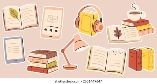 Collection of books, audiobook player, open book, coffee cup, desk lamp, and digital reader. Ideal for depicting reading, studying, and hybrid learning tools