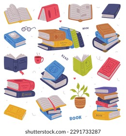 Collection of books with colorful covers. Science, hobby, education concept cartoon vector illustration