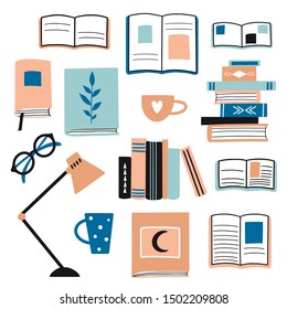 Collection with books and decorative design elements. Cute stacked books, glasses, lamp, cups. Love reading motivation.  Library, study concept. Flat cartoon colorful vector illustration