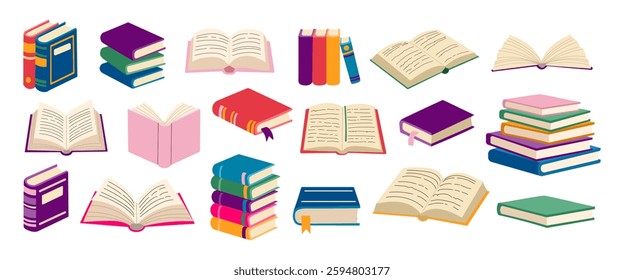 A collection of books with different colors and sizes. The books are open and some are stacked on top of each other. Concept of knowledge and learning, as well as the importance of reading