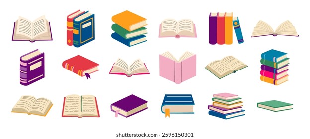 A collection of books with different colors and sizes. Some of the books are open and some are closed