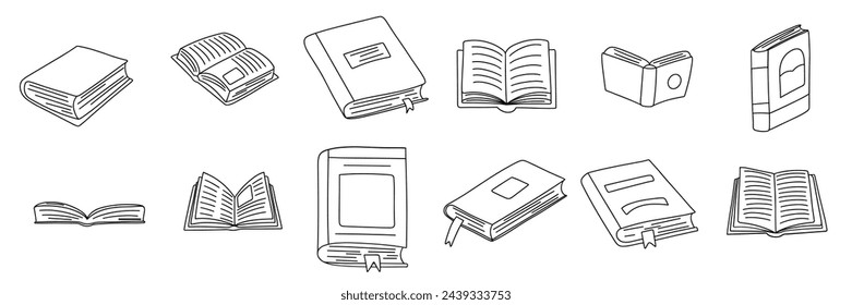 Colección de libros en estilo doodle. Dibujado a mano arte vector.