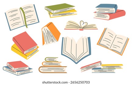 Colección de libros para el aprendizaje. Conjunto de pilas de libros y libros abiertos. Tema educativo. Ilustración vectorial.