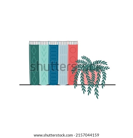 Collection of books. Library. Bookcase, bookshelf, book storage, flowers. Vector cartoon flat illustration.
